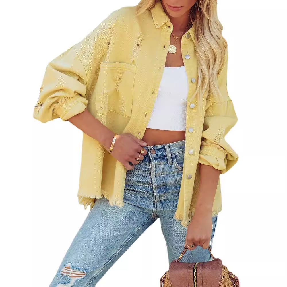 Damen nan oversized Jeansjacke mit Fransen, distressed Details und Druckknöpfen R&B