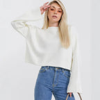 Damen cropped Strickpullover mit voluminösen Ärmeln und Rundhalsausschnitt R&B