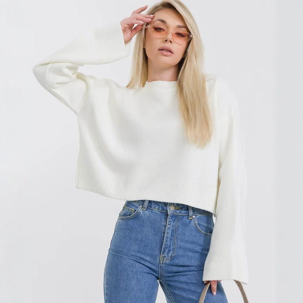 Damen cropped Strickpullover mit voluminösen Ärmeln und Rundhalsausschnitt R&B