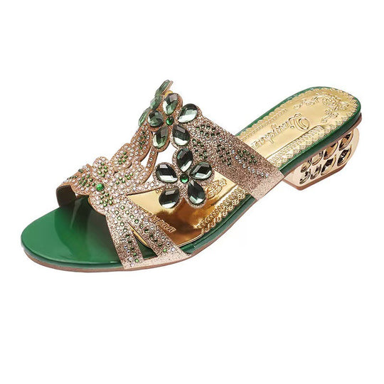 Damen nan verzierte Riemchensandalen mit mittelhohem geometrischem Blockabsatz und Kristallblumen R&B