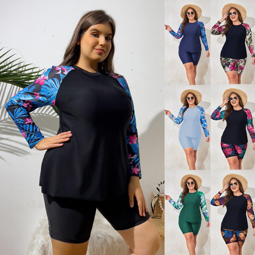 Damen UV-Schutz Surfanzug Set mit langen Ärmeln und farbenfrohem Blattmuster R&B