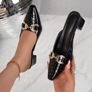 Damen elegante Mules mit Krokoprägung und dekorativen Schnallen R&B