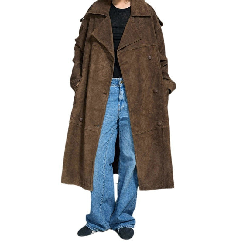 Damen Eleganter Suede-Trenchcoat mit großzügigem Schnitt R&B