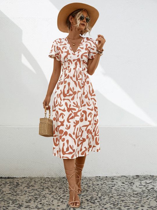 Damen Midi-Kleid mit V-Ausschnitt und fließenden Rüschendetails R&B