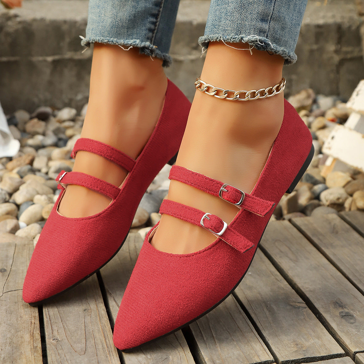 Damen elegante Ballerinas mit doppeltem Riemen und spitzem Design R&B