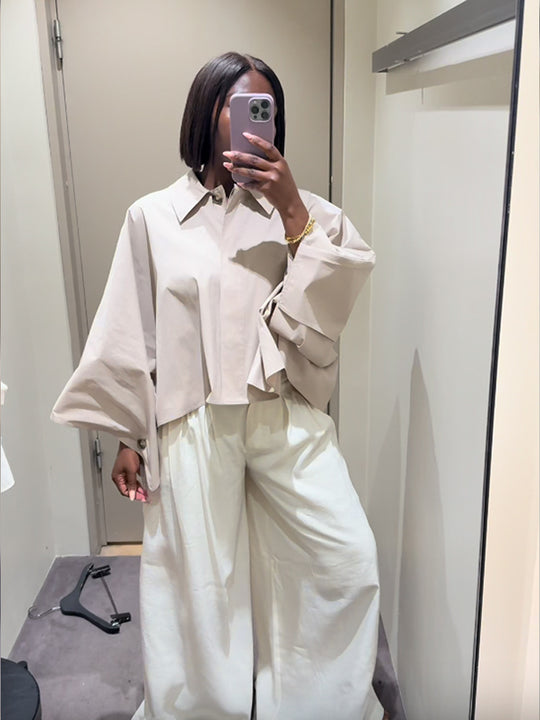 Damen Cropped Bluse mit voluminösen Ärmeln R&B
