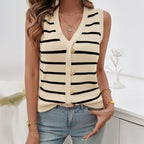Damen Langarmstricktop mit abwechselndem Streifenmuster und Knopfverschluss R&B