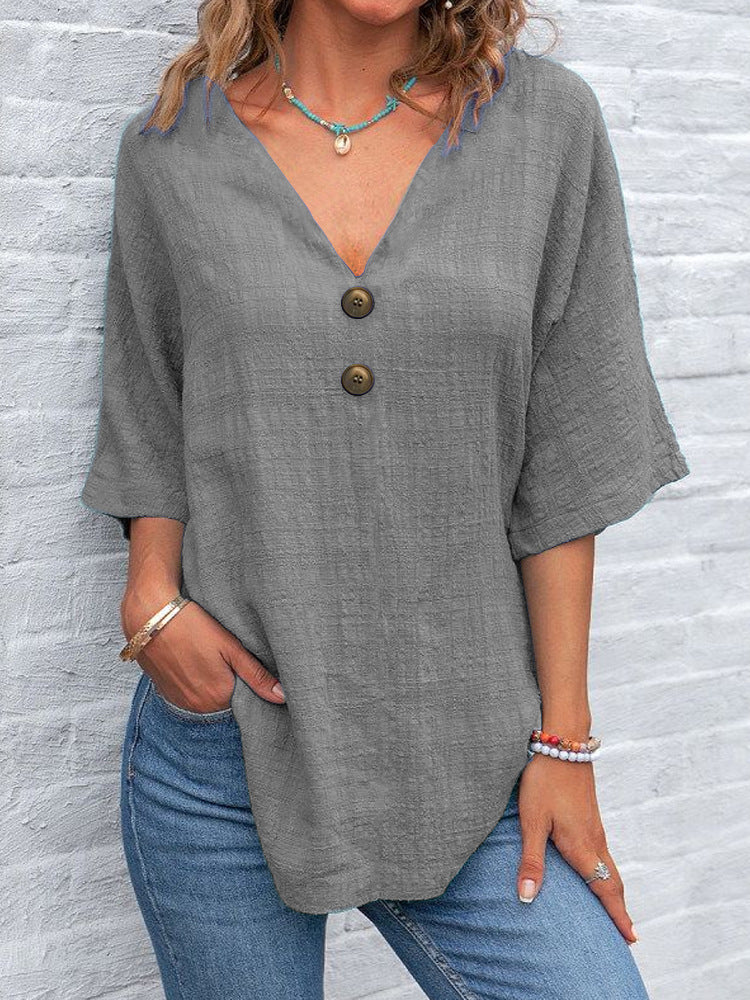 Damen V-Ausschnitt Bluse mit dekorativen Knöpfen und lässigem Schnitt R&B