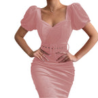 Damen Figurbetontes Kleid mit Puffärmeln und Gürtel R&B