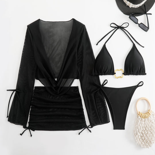 Damen Bikini-Set mit lässiger Strickjacke und verstellbaren Trägern R&B