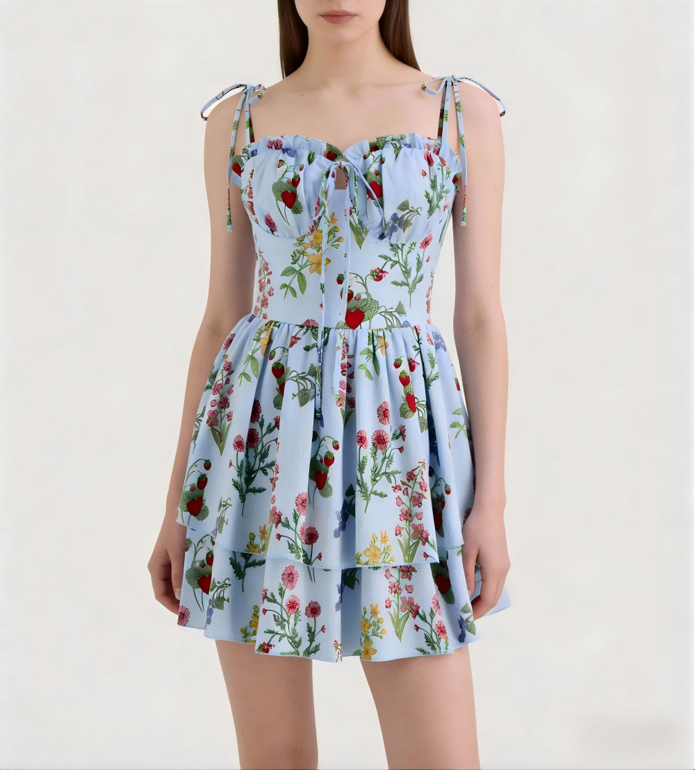 Damen Minikleid mit Blumenmuster und bordeauxfarbenem Unterrock R&B
