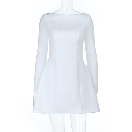 Damen elegantes Langarmkleid mit ausgefallenem Ausschnitt und schwingendem Rock R&B
