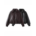 Damen lässige Boxy-Jacke aus weichem Kunstleder mit elastischem Bund R&B