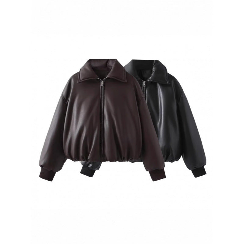 Damen lässige Boxy-Jacke aus weichem Kunstleder mit elastischem Bund R&B