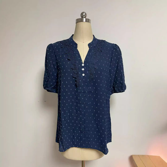 Damen nan semitransparente Dobby-Bluse mit Stehkragen, Häkelblende und Puffärmeln R&B