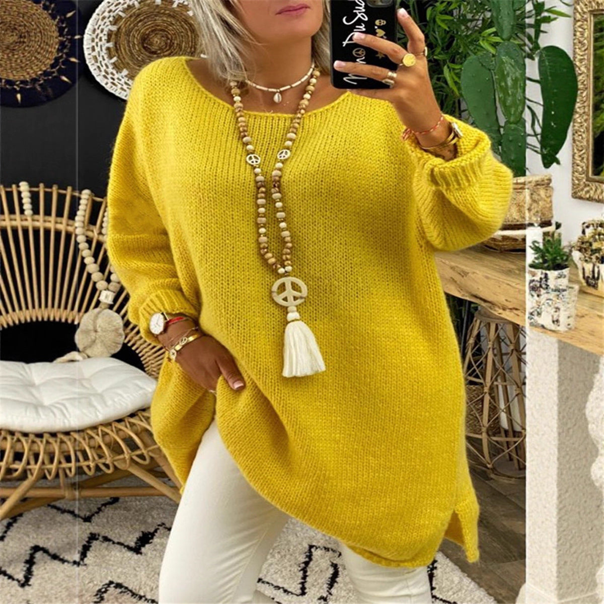 Damen lässiger Langarmstrickpullover im Oversized-Stil mit seitlichen Schlitzen R&B