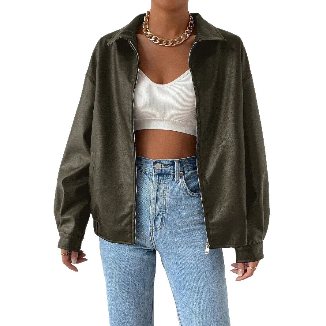 Damen trendige Kunstlederjacke im modernen Schnitt mit lässigem Reißverschluss R&B