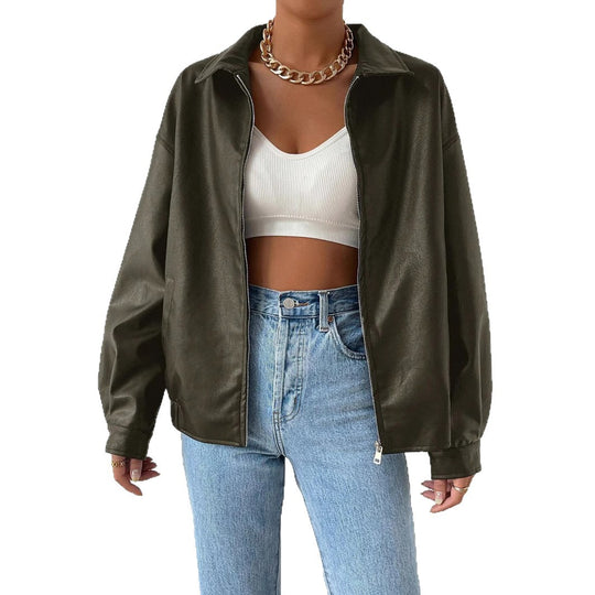 Damen trendige Kunstlederjacke im modernen Schnitt mit lässigem Reißverschluss R&B