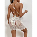 Damen Häkel-Strandkleid mit tiefem V-Ausschnitt und transparentem Netzdesign R&B