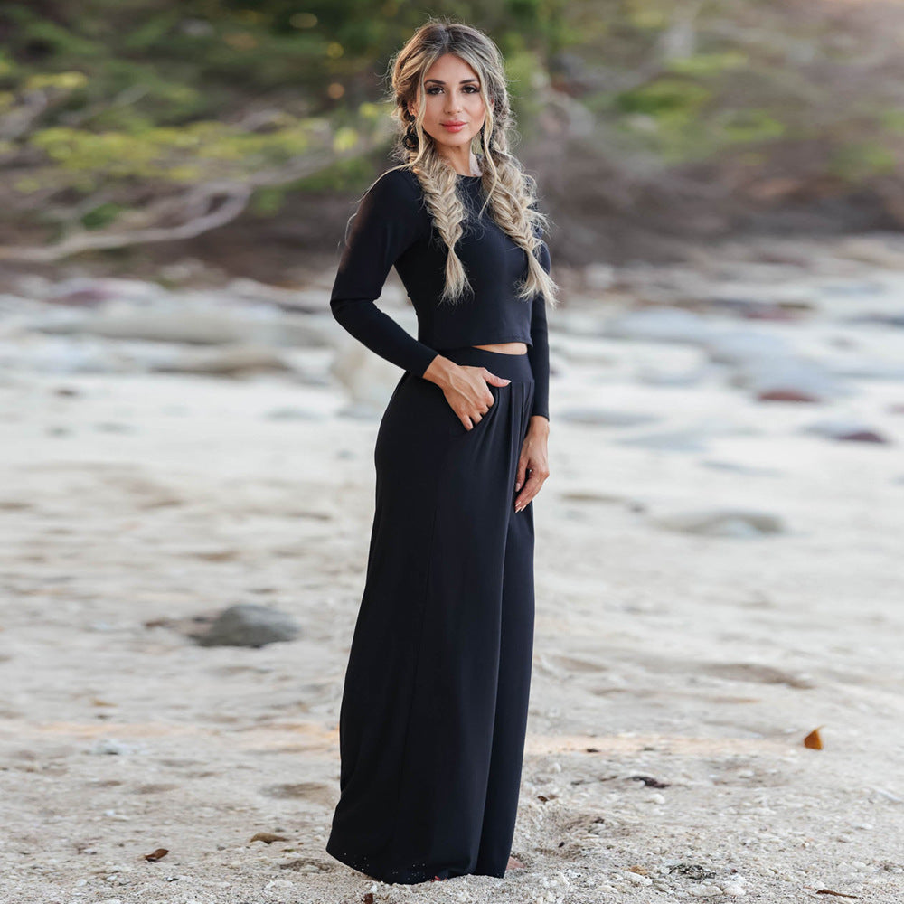 Damen Lässiger Wide-Leg Jumpsuit mit langen Ärmeln und praktischen Taschen R&B