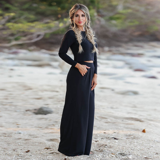 Damen Lässiger Wide-Leg Jumpsuit mit langen Ärmeln und praktischen Taschen R&B