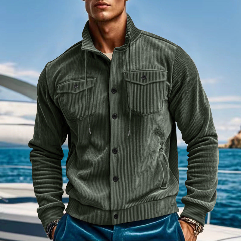 Herren nan lässige fein gerippte Cordjacke mit Stehkragen, Brusttaschen und elastischem Saum R&B