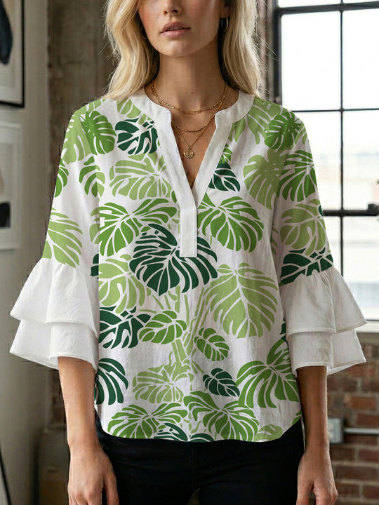 Damen Bluse mit voluminösen Flügelärmel und intensivem Blattmuster R&B