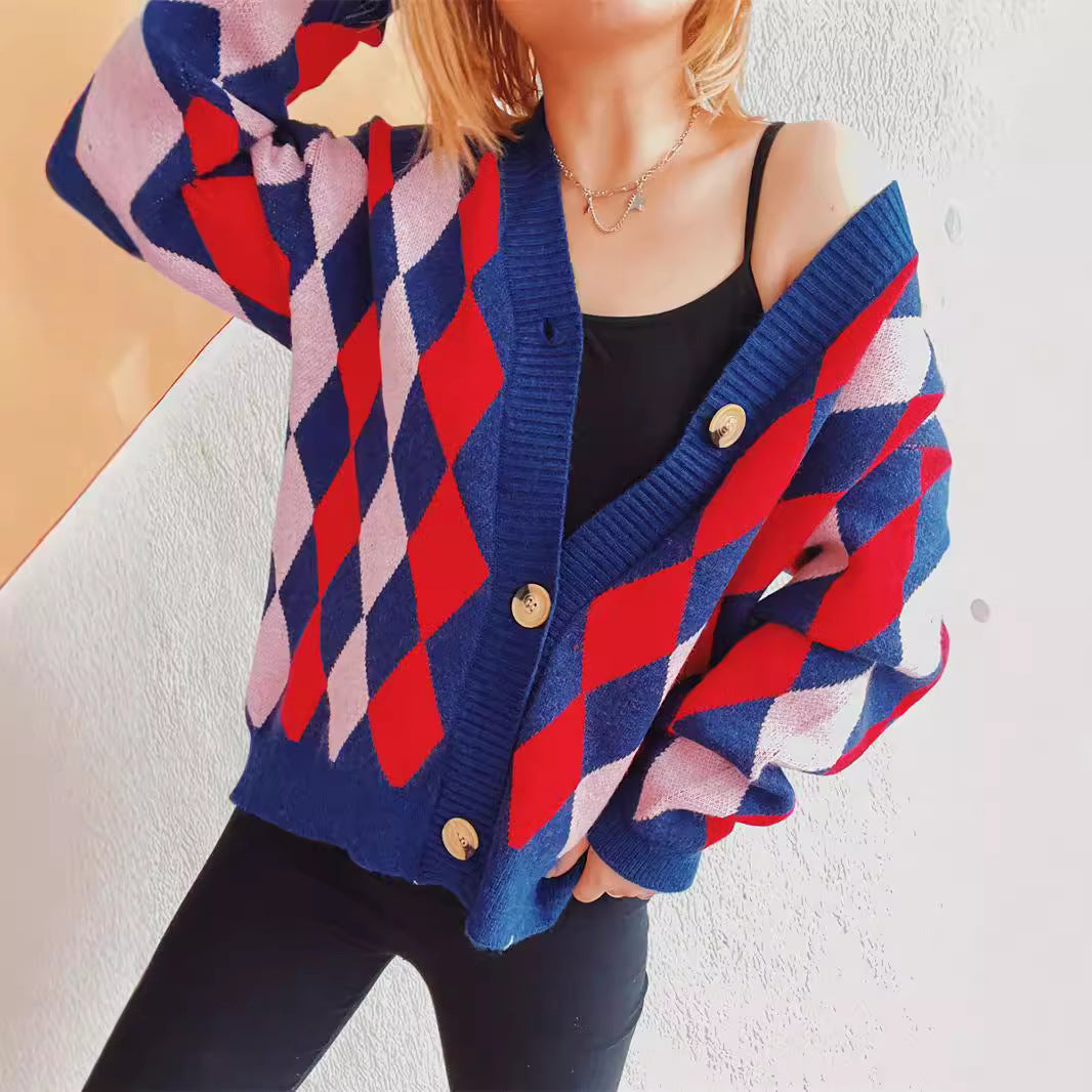 Damen lässige Strickjacke im Rauten-Muster mit goldenen Knöpfen R&B