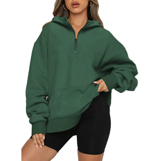 Damen Oversize Kapuzenpullover mit halbem Reißverschluss R&B
