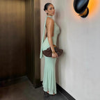 Damen elegantes Maxikleid mit tiefem V-Ausschnitt und schimmerndem Oberteil R&B