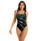 Damen Einteiler Badeanzug mit farbenfrohem Blattdesign R&B