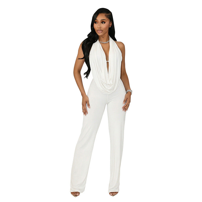 Damen Eleganter Jumpsuit mit tiefem V-Ausschnitt und fließendem Stoff R&B