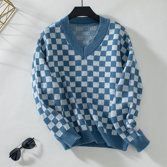 Damen lässiger V-Ausschnitt Pullover mit Karo-Muster und lockerer Passform R&B