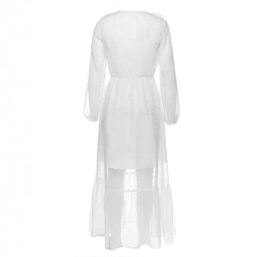 Damen Maxi-Kleid mit transparentem Rüschensaum und eleganter Taillierung R&B