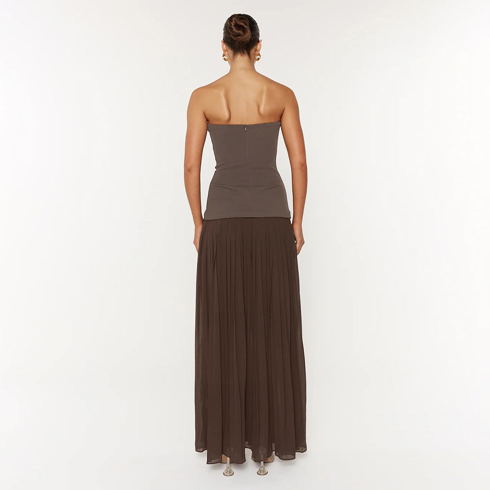 Damen Elegantes Maxikleid mit tiefem V-Ausschnitt und fließendem Rock R&B