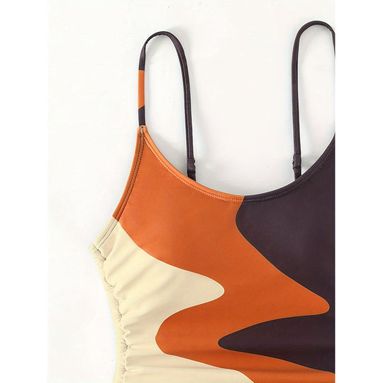 Damen Einteiler Badeanzug mit asymmetrischem Muster und verstellbarem Bindeband R&B