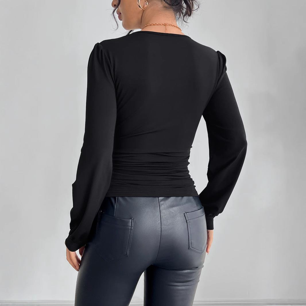 Damen nan tailliertes Langarm-Shirt mit tiefem Spitzen-Dekolleté, Raffung und Kristallbesatz R&B