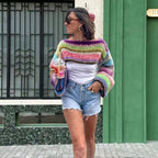 Damen Strickpullover im bunten Design mit weiten Ärmeln R&B