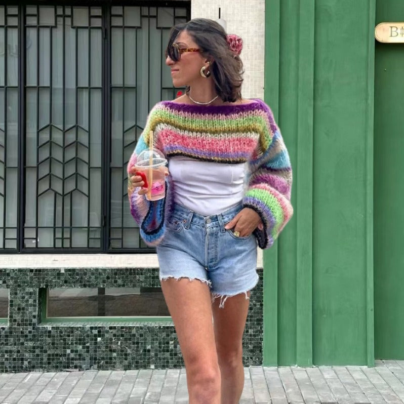 Damen Strickpullover im bunten Design mit weiten Ärmeln R&B
