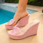 Damen Wedge-Pantoletten mit stilvollem Schleifen-Design und transparentem Vorderbereich R&B