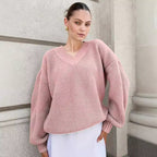 Damen lässiger Pullover mit V-Ausschnitt und voluminösen Ärmeln R&B