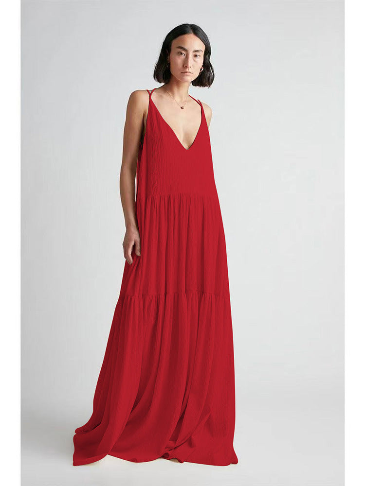 Damen Maxikleid mit tiefem V-Ausschnitt und voluminösem Rock R&B