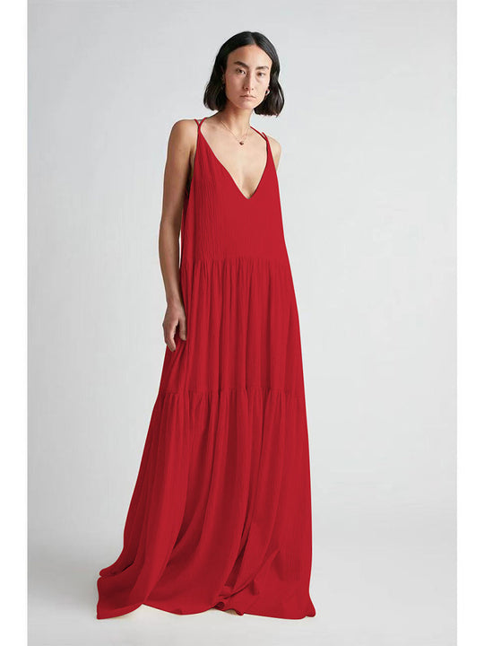 Damen Maxikleid mit tiefem V-Ausschnitt und voluminösem Rock R&B