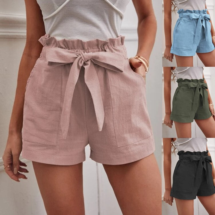 Damen Leichte Leinen-Shorts mit dekorativem Bindegürtel und elastischem Bund R&B