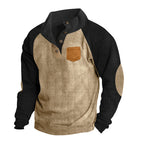 Herren nan geripptes Waffel-Henley-Langarmshirt mit Stehkragen Druckknopfleiste Kontrastärmeln und Brusttasche R&B