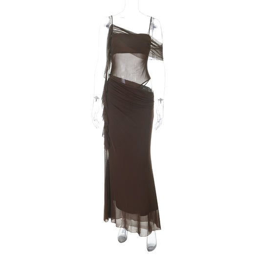 Damen elegantes Abendkleid mit raffinierten Rüschendetails und transparenten Einsätzen R&B