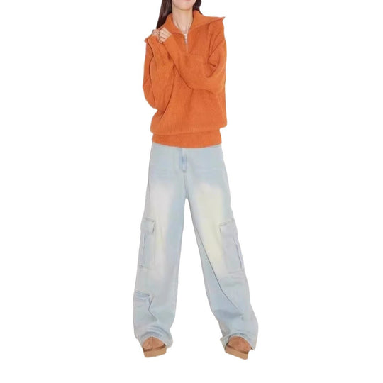 Damen gemütlicher Pullover mit hohem Kragen und Reißverschluss R&B