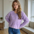 Damen flauschige Strickjacke mit herzförmigen Knöpfen und lockerer Passform R&B