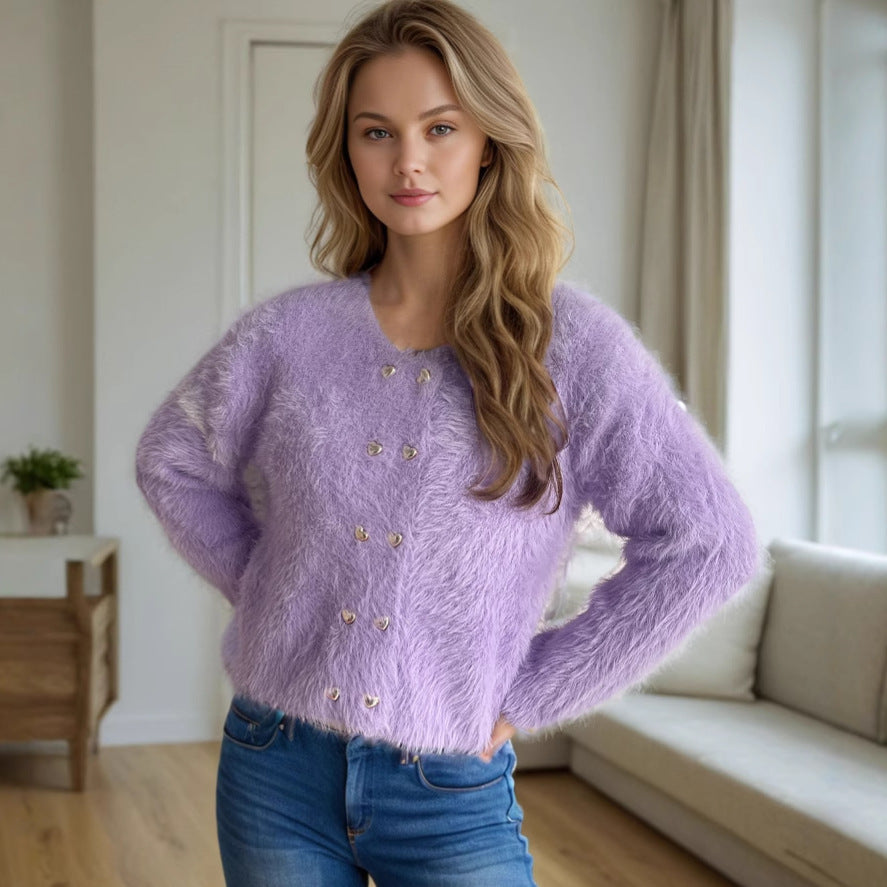 Damen flauschige Strickjacke mit herzförmigen Knöpfen und lockerer Passform R&B