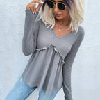 Damen V-Ausschnitt Langarmshirt mit Rüschendetails